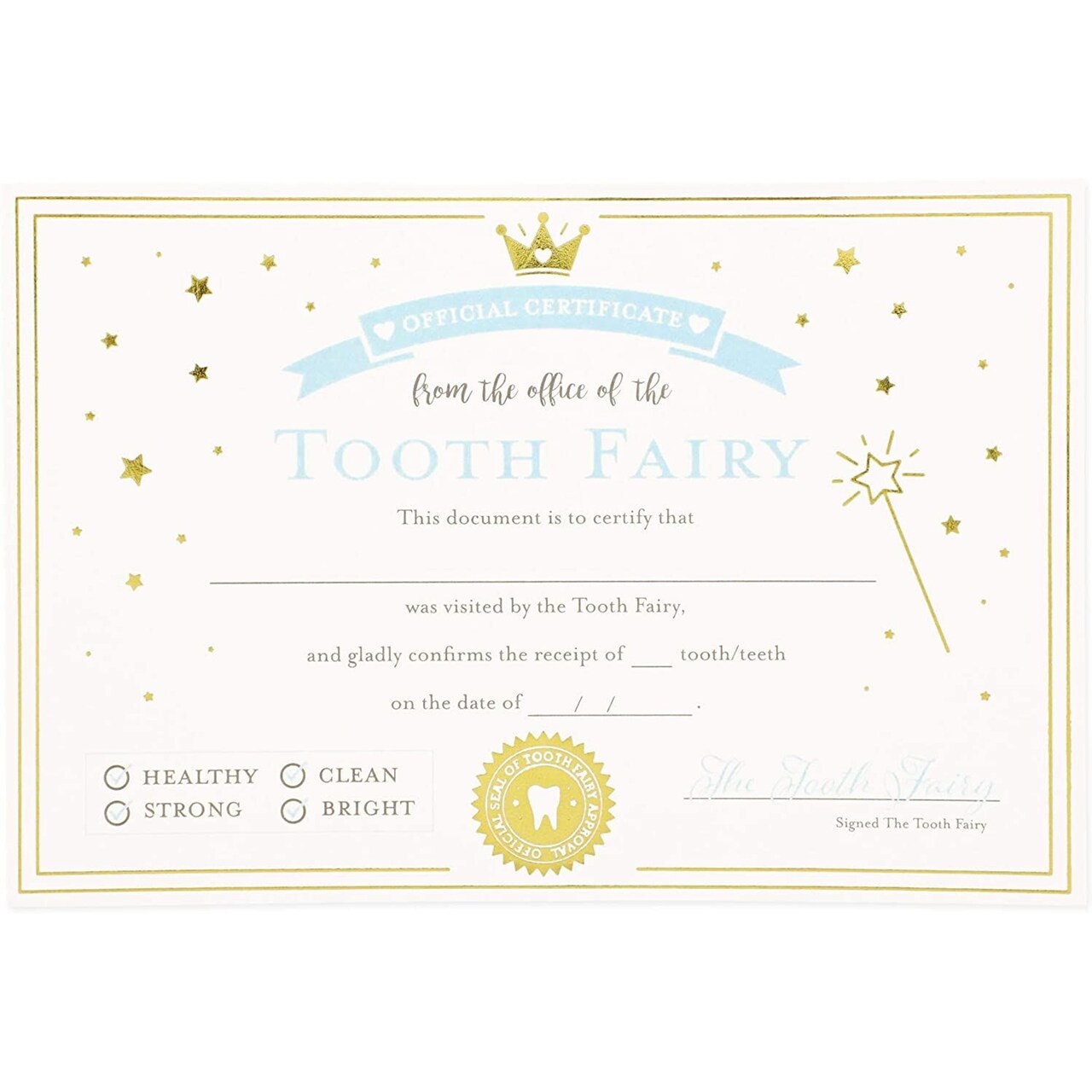 Juvale Tooth Fairy Certificate Paper Set - 6 x 4 Inch, Ivory, 32 Pack - Writable Gold Foil Paper for Tooth Fairy Gifts